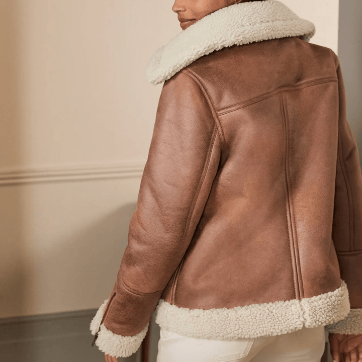 Women Brown Sheepskin Shearling Leather Aviator Jacket - Rare Leather