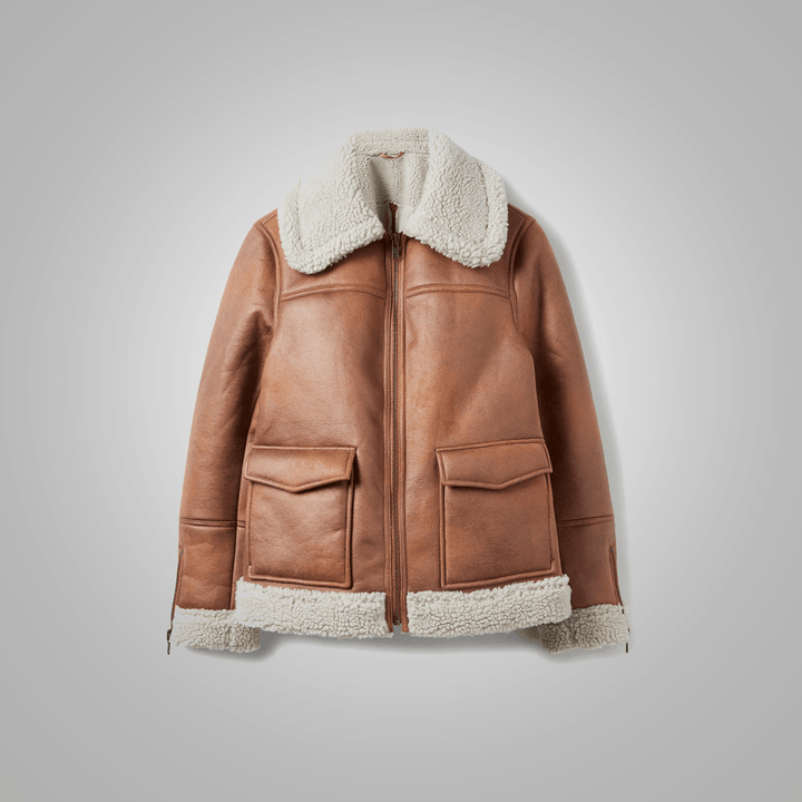 Women Brown Sheepskin Shearling Leather Aviator Jacket - Rare Leather