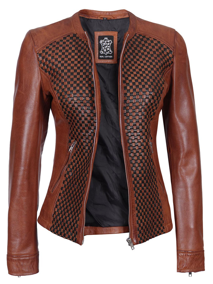Women Brown Textured Cafe Racer Leather Jacket - Rare Leather