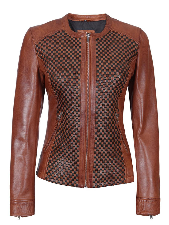 Women Brown Textured Cafe Racer Leather Jacket - Rare Leather
