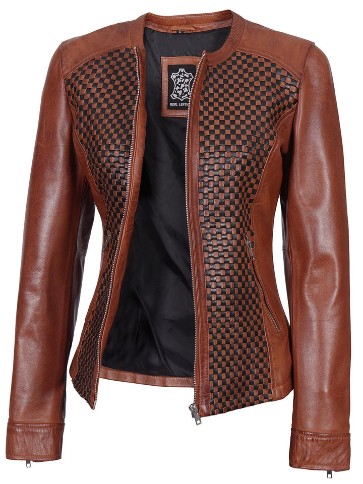 Women Brown Textured Cafe Racer Leather Jacket - Rare Leather