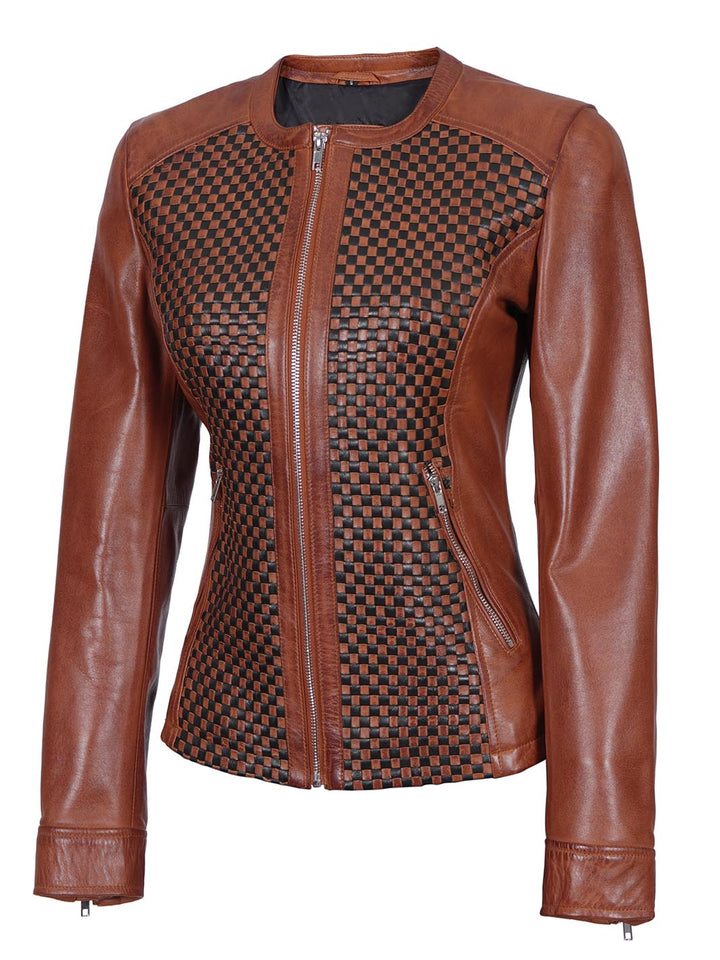 Women Brown Textured Cafe Racer Leather Jacket - Rare Leather