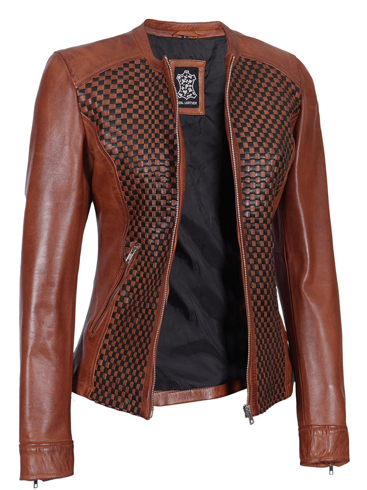 Women Brown Textured Cafe Racer Leather Jacket - Rare Leather