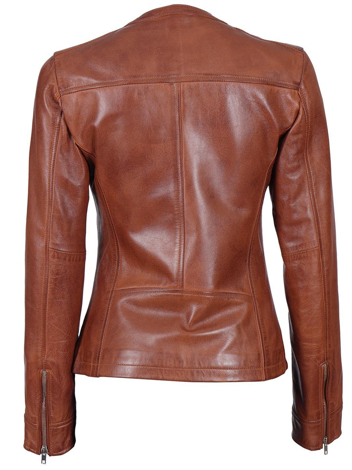 Women Brown Textured Cafe Racer Leather Jacket - Rare Leather