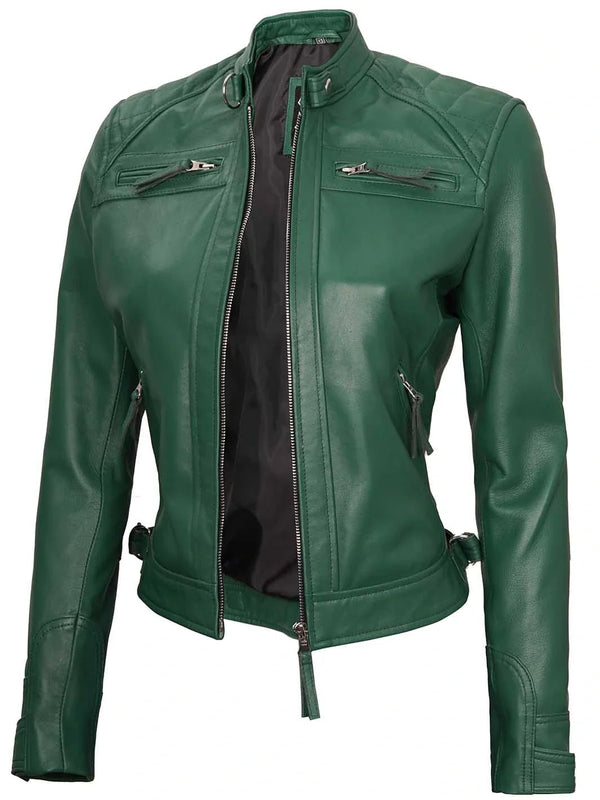 Women Green Diamond Cafe Racer Real Leather Jacket - Rare Leather