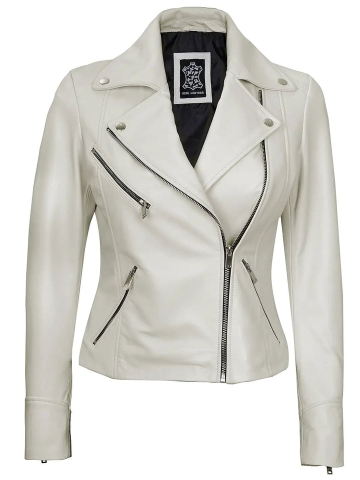 Women Moto Style Off White Real Leather Jacket - Rare Leather