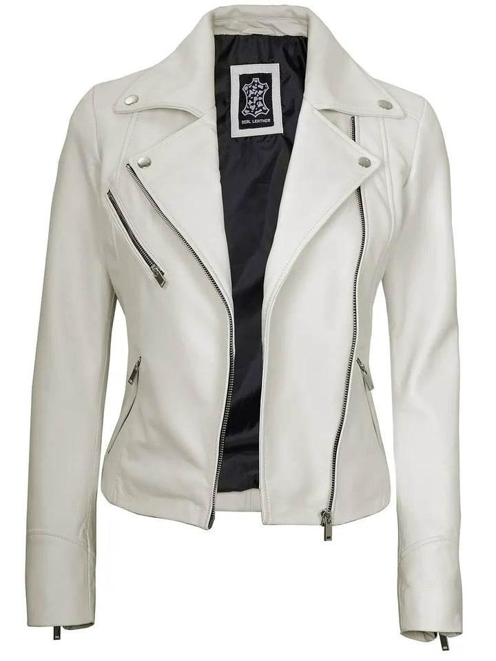 Women Moto Style Off White Real Leather Jacket - Rare Leather