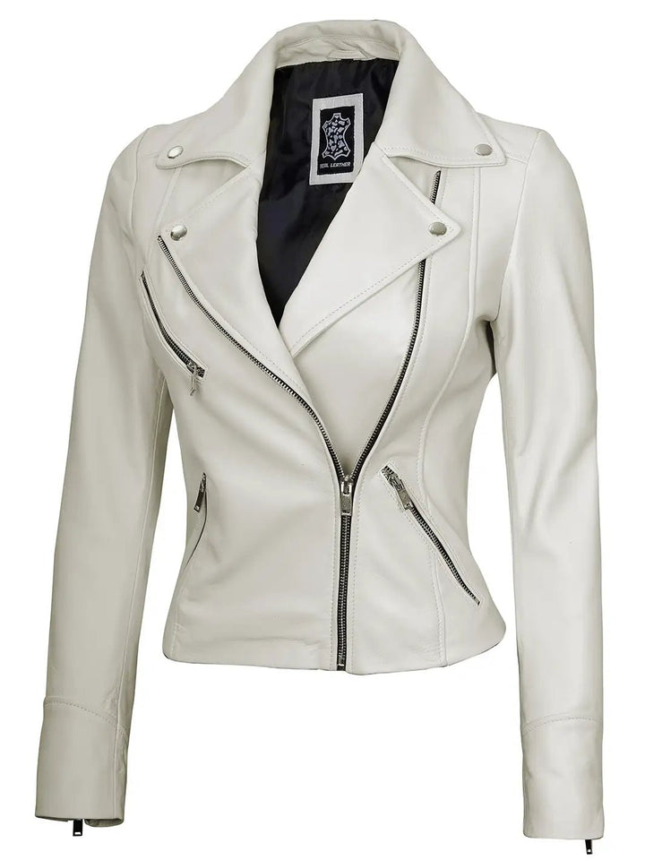 Women Moto Style Off White Real Leather Jacket - Rare Leather