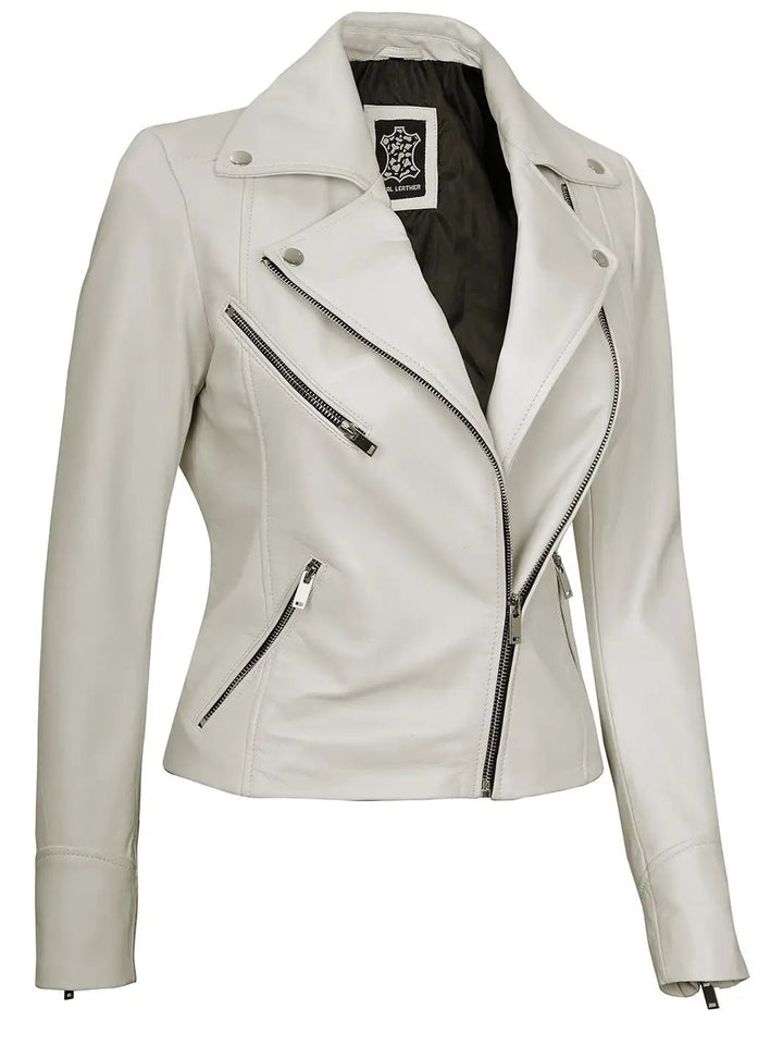Women Moto Style Off White Real Leather Jacket - Rare Leather