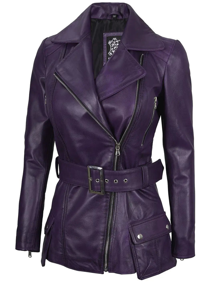 Women Purple Asymmetrical Leather Biker Jacket Women - Rare Leather
