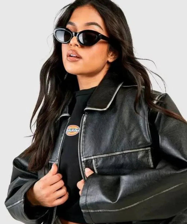 Women Vintage Pocket Detail Leather Jacket - Rare Leather