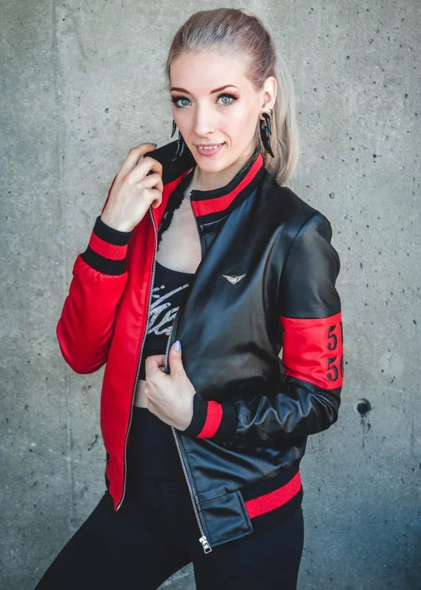Womens 51 50 Bomber Black and Red Leather Jacket - Rare Leather
