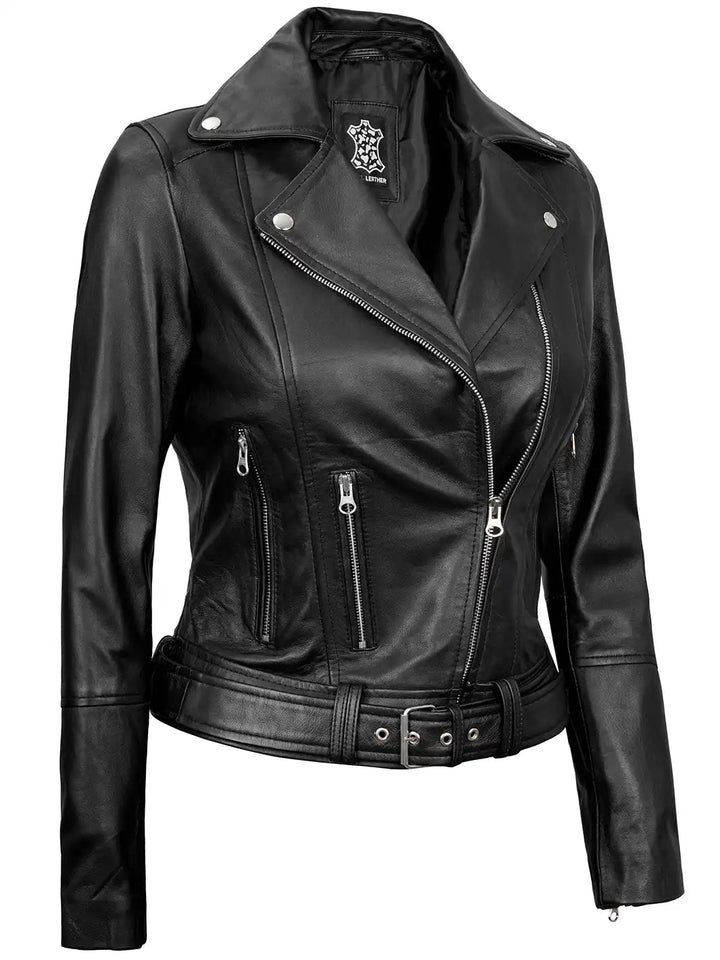 Womens Asymmetrical Black Biker Leather Jacket - Rare Leather