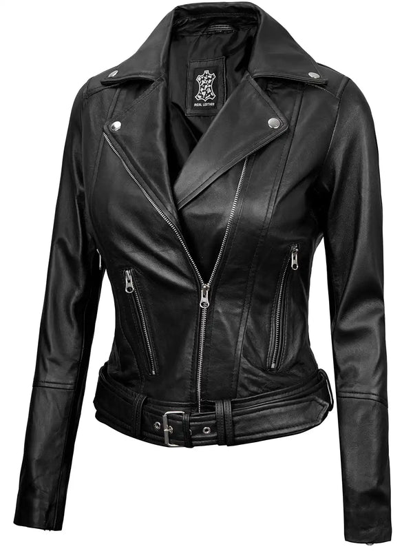 Womens Asymmetrical Black Biker Leather Jacket - Rare Leather