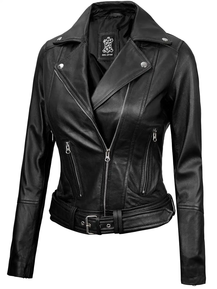 Womens Asymmetrical Black Biker Leather Jacket - Rare Leather