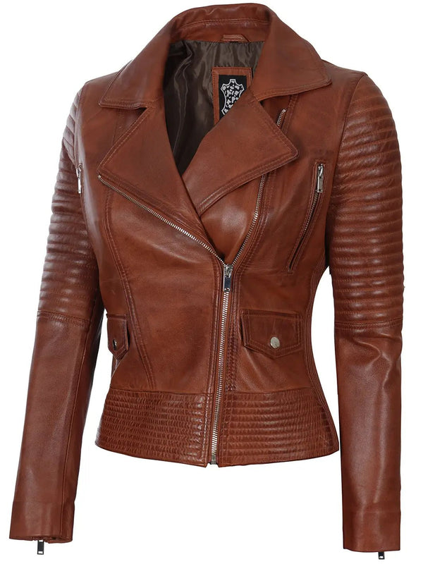 Womens Asymmetrical Cognac Wax Motorcycle Leather Jacket - Rare Leather