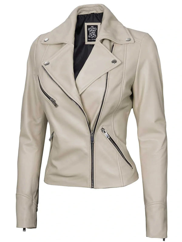 Women's Beige Asymmetrical Biker Real Leather Jacket - Rare Leather