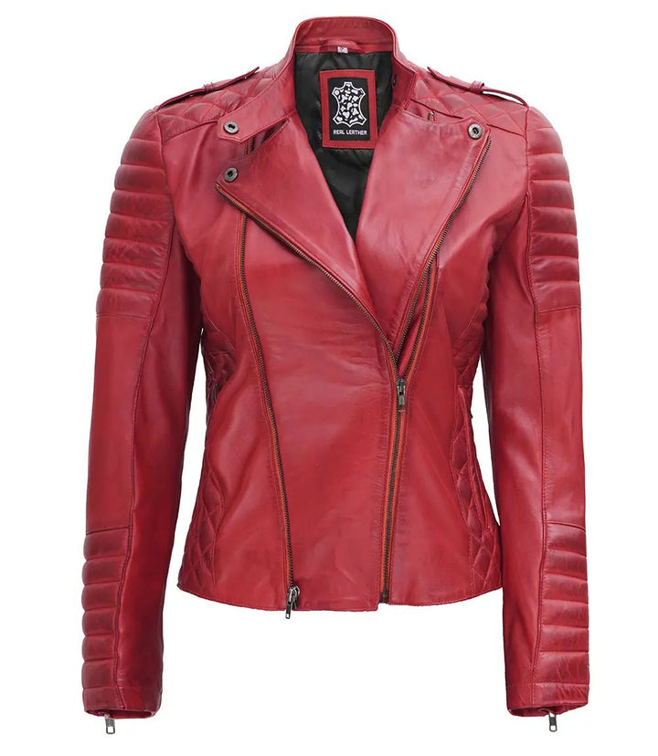 Women's Biker Quilted Red Leather Jacket Asymmetrical - Rare Leather