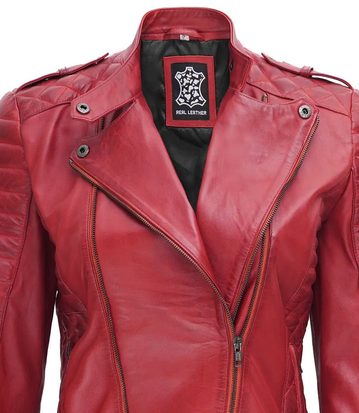 Women's Biker Quilted Red Leather Jacket Asymmetrical - Rare Leather