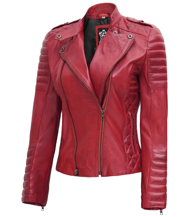 Women's Biker Quilted Red Leather Jacket Asymmetrical - Rare Leather