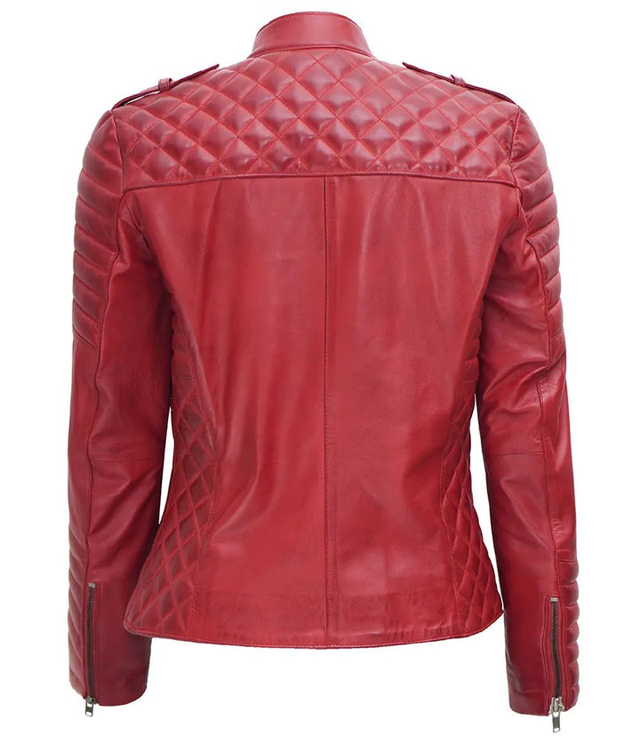 Women's Biker Quilted Red Leather Jacket Asymmetrical - Rare Leather