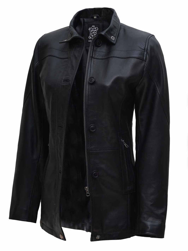Womens Black 3/4 Length Real Leather Car Coat - Rare Leather