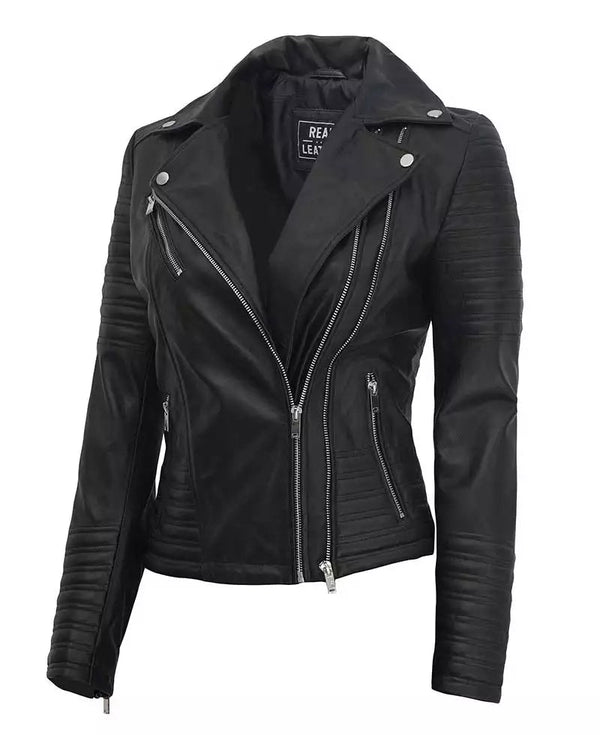 Women's Black Asymmetrical Biker Leather Jacket - Rare Leather