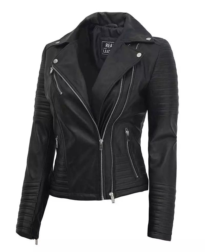 Women's Black Asymmetrical Biker Leather Jacket - Rare Leather