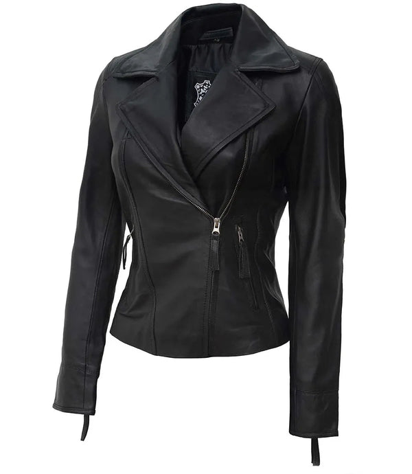 Women's Black Asymmetrical Biker Style Leather Jacket - Rare Leather