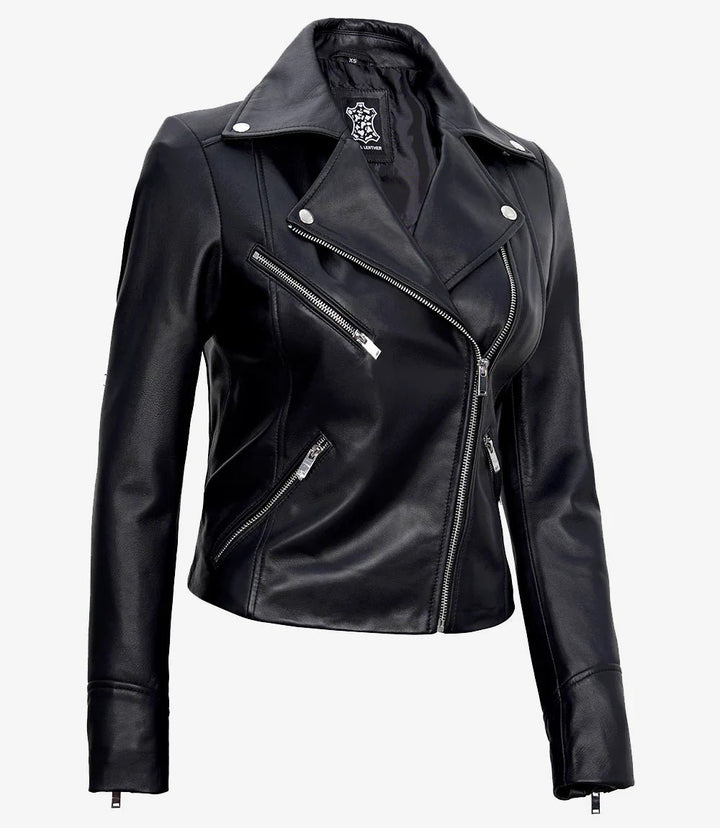 Women's Black Asymmetrical Real Leather Motorcycle Jacket - Rare Leather