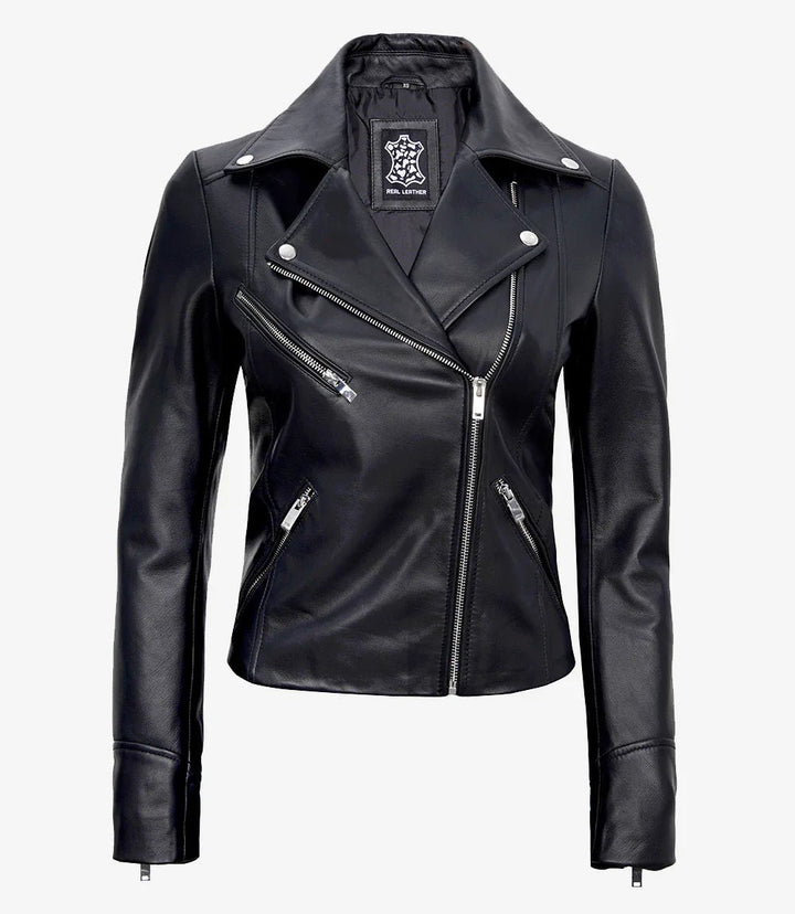 Women's Black Asymmetrical Real Leather Motorcycle Jacket - Rare Leather