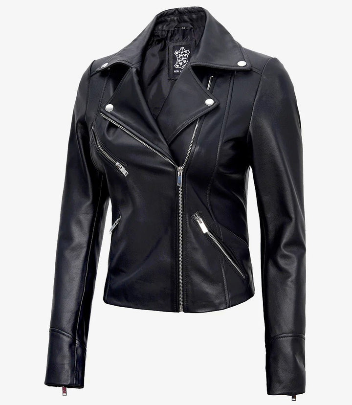 Women's Black Asymmetrical Real Leather Motorcycle Jacket - Rare Leather