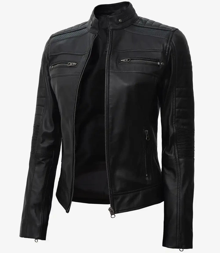 Women's Black Cafe Racer Leather Jacket - Rare Leather