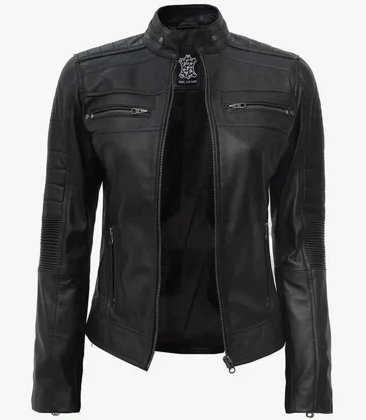 Women's Black Cafe Racer Leather Jacket - Rare Leather
