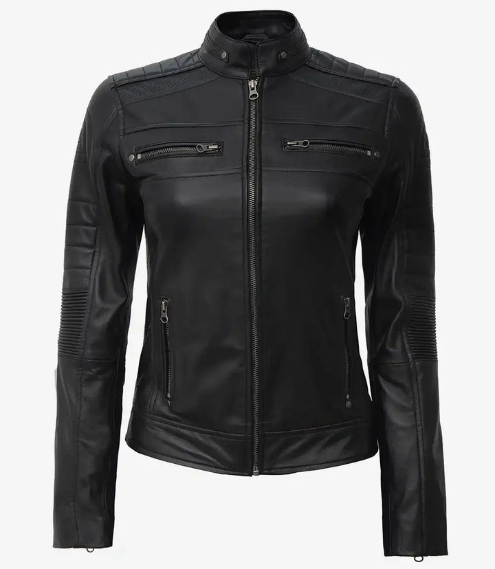 Women's Black Cafe Racer Leather Jacket - Rare Leather