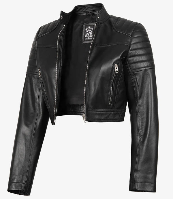 Women's Black Cropped Leather Moto Jacket - Rare Leather