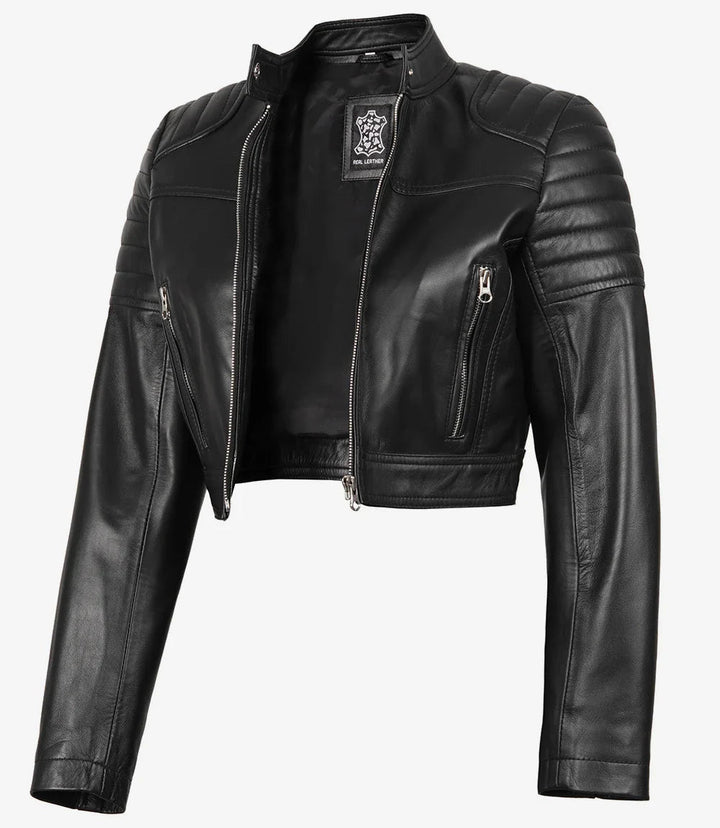 Women's Black Cropped Leather Moto Jacket - Rare Leather