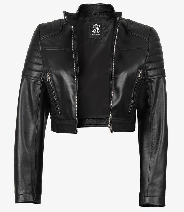 Women's Black Cropped Leather Moto Jacket - Rare Leather