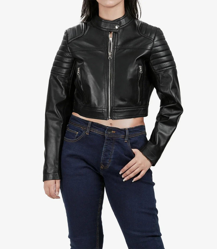 Women's Black Cropped Leather Moto Jacket - Rare Leather