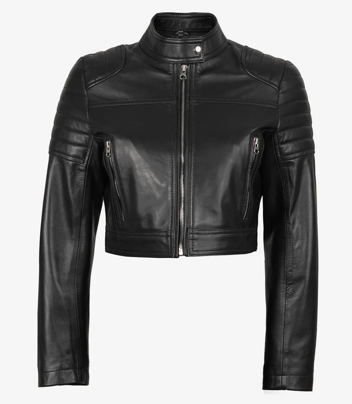 Women's Black Cropped Leather Moto Jacket - Rare Leather