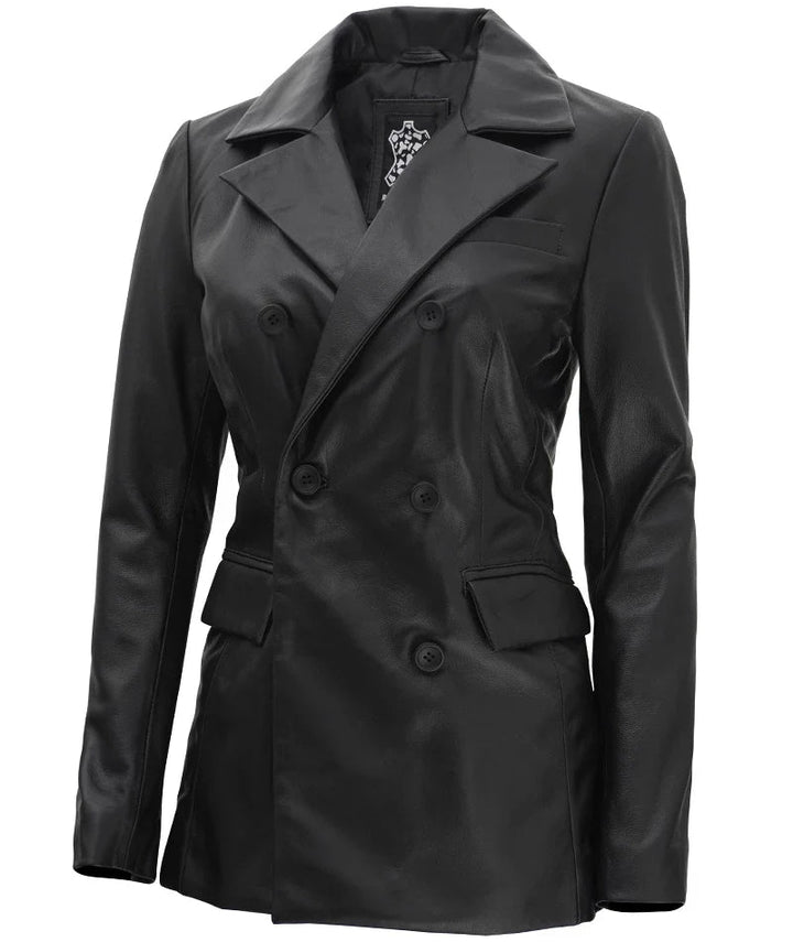 Women's Black Double Breasted Leather Blazer - Rare Leather