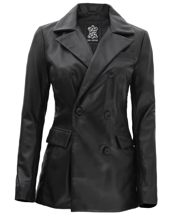 Women's Black Double Breasted Leather Blazer - Rare Leather