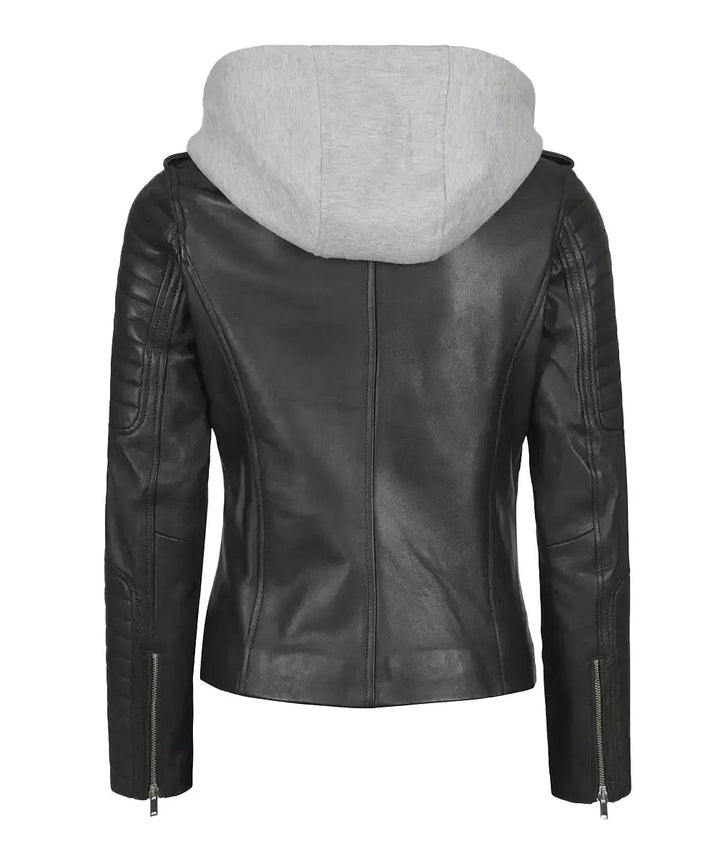 Womens Black Leather Biker Jacket With Removable Hood - Rare Leather