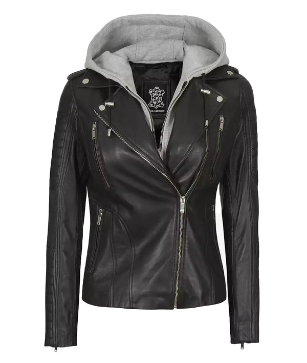 Womens Black Leather Biker Jacket With Removable Hood - Rare Leather