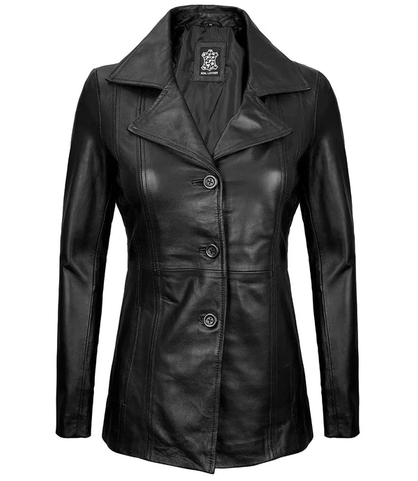 Womens Black Leather Blazer with Three Button - Rare Leather
