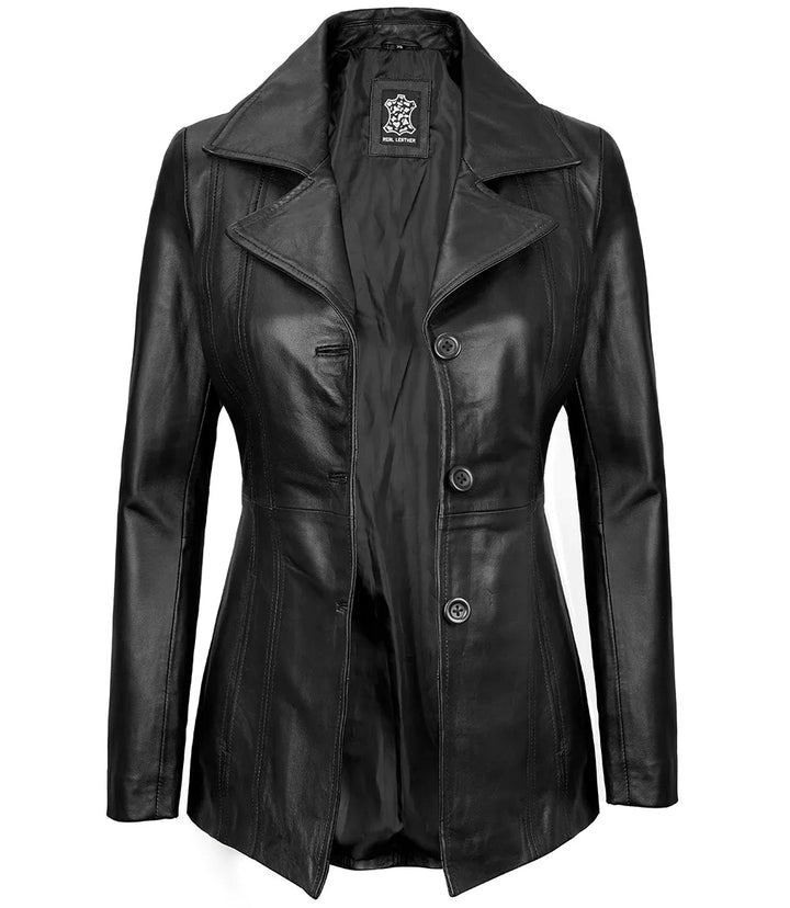 Womens Black Leather Blazer with Three Button - Rare Leather