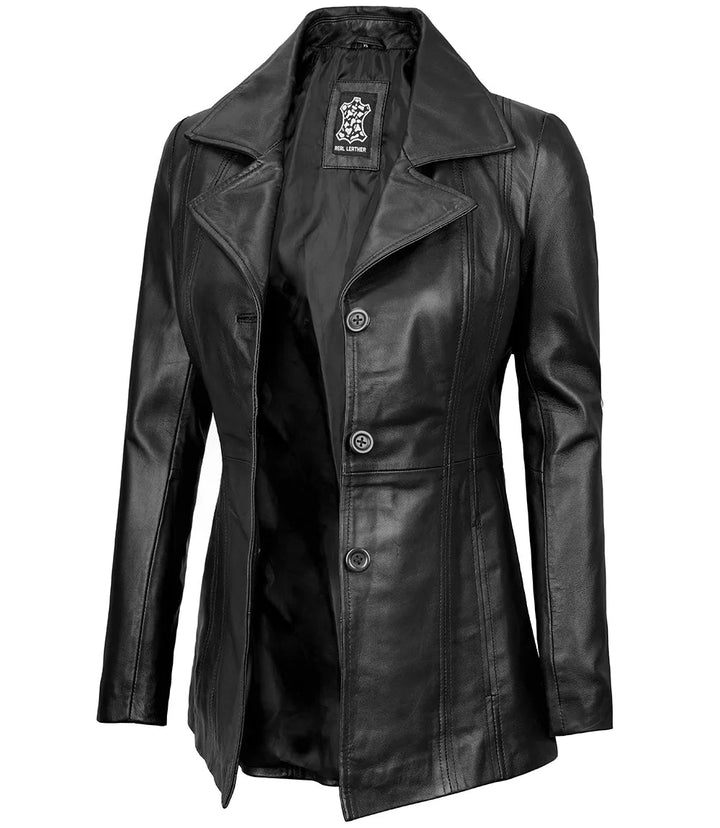 Womens Black Leather Blazer with Three Button - Rare Leather