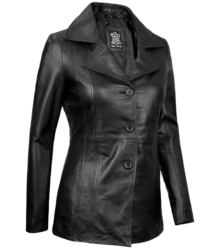 Womens Black Leather Blazer with Three Button - Rare Leather