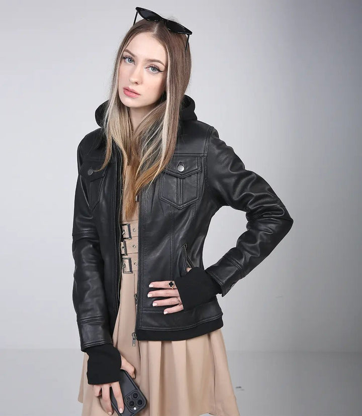 Womens Black Leather Bomber Jacket with Removable Hood - Rare Leather