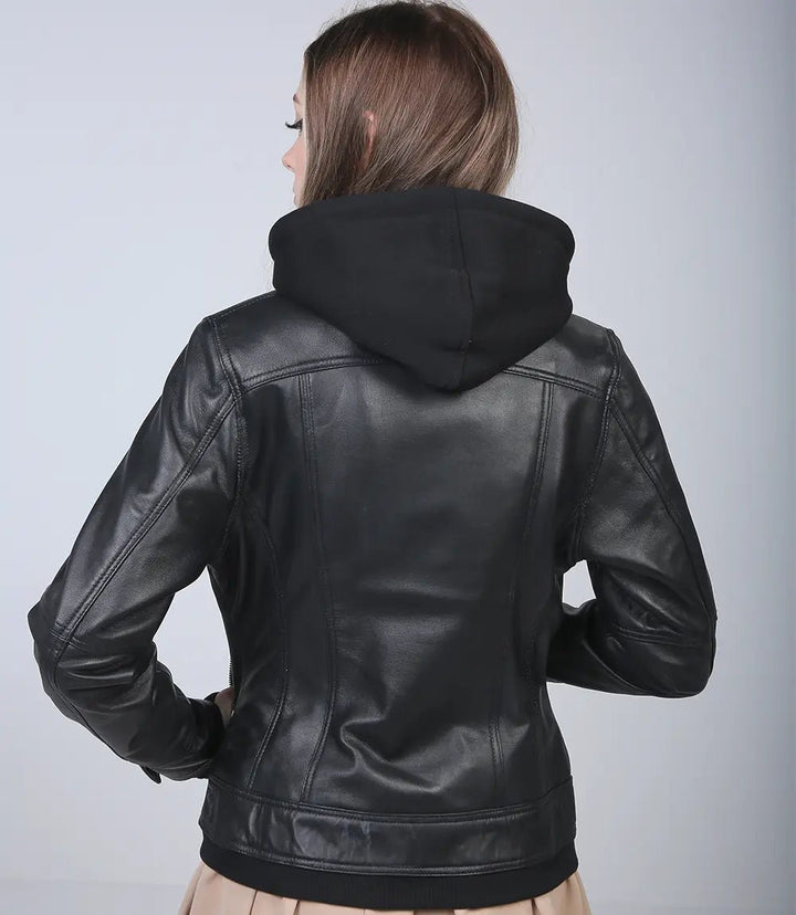 Womens Black Leather Bomber Jacket with Removable Hood - Rare Leather